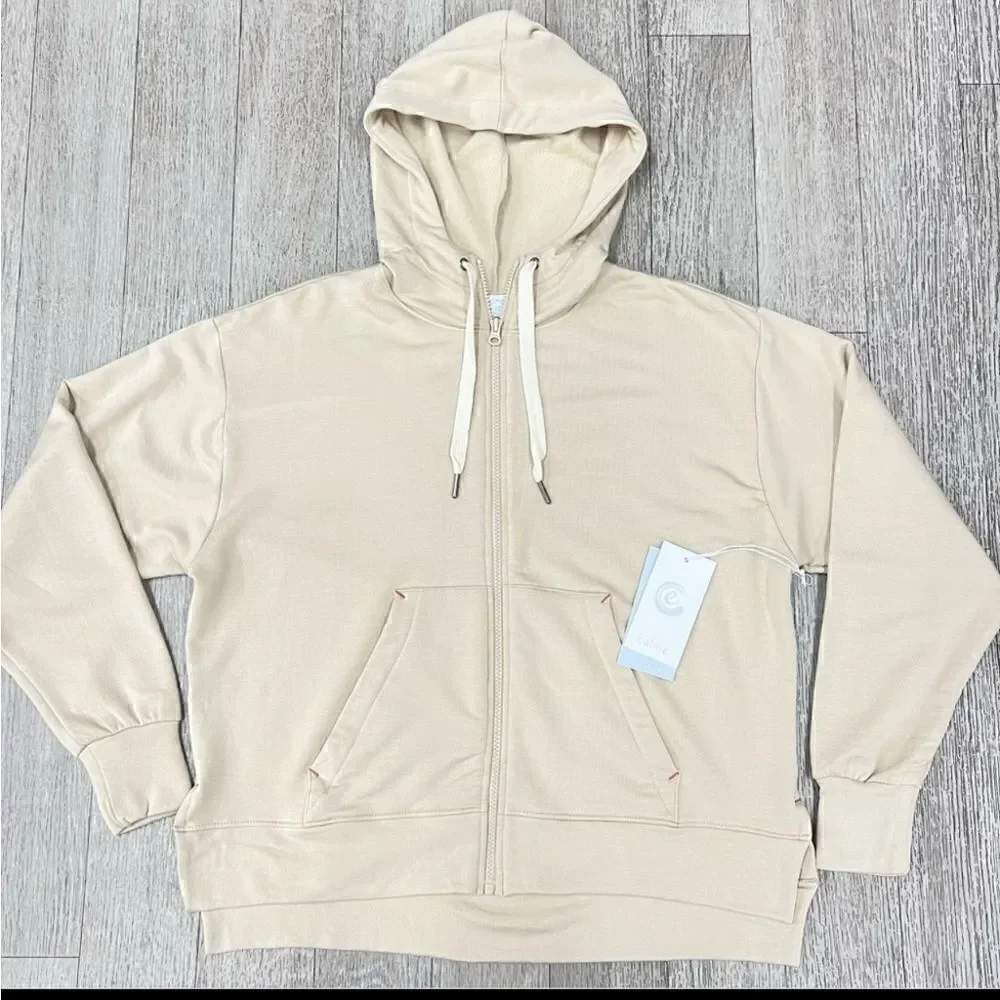NWT Calme By Johnny Was Zip Hoodie W/Side Slits In BEIGE